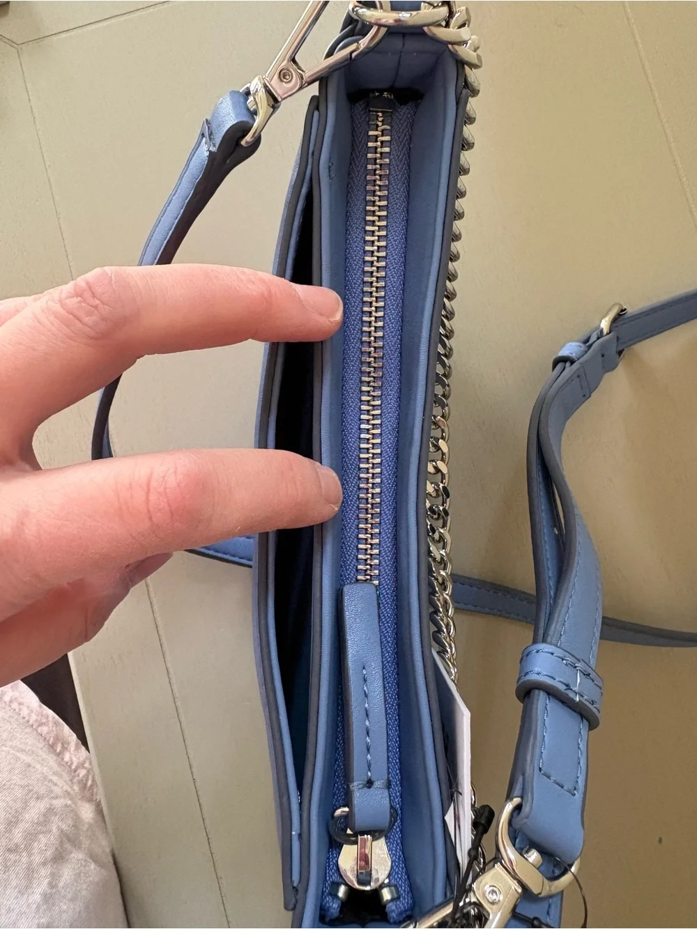 DKNY Light Blue Leather Shoulder Bag with Silver Chain